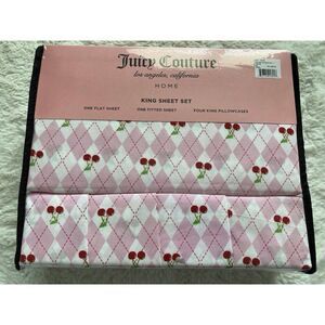 6 Piece Juicy Couture CHERRIES Cherry Argyle Pink Sheet Set King Size NEW